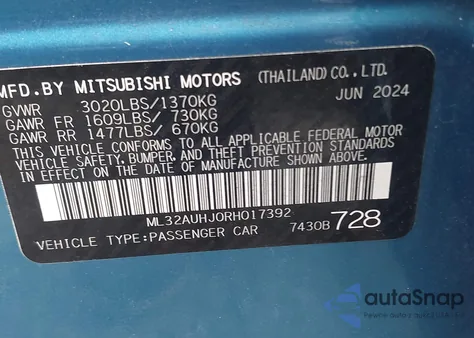 2024 Mitsubishi Mirage Es/Le z USA, uszkodzony, nr VIN ML32AUHJ0RH017392